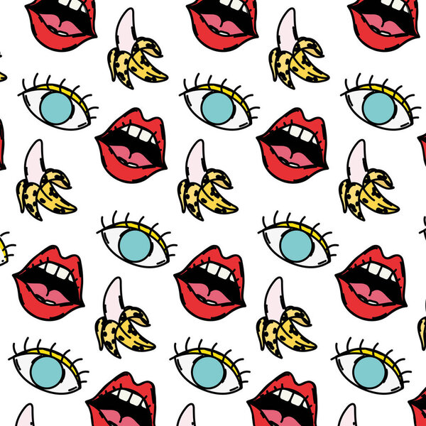 color pop art mouth with eye and banana background vector illustration