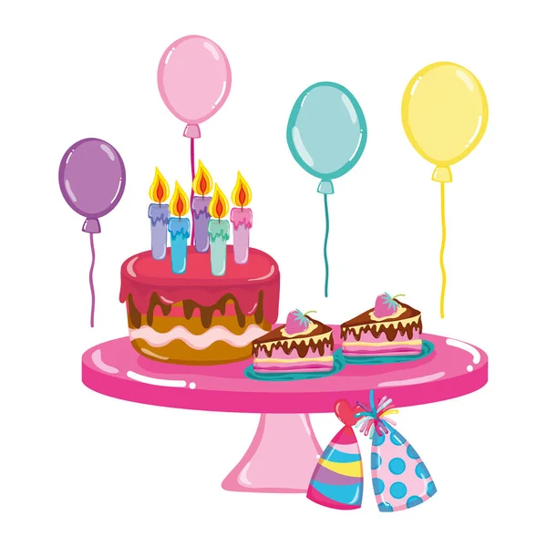 Ilustracja Wektorowa Torty Urodzinowe Party Czapki Balony — Wektor stockowy