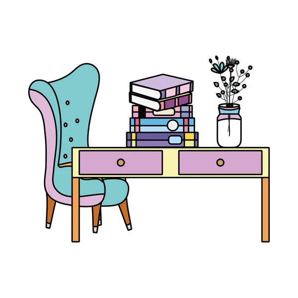 Livres Couleur Vase Fleurs Dans Bureau Chaise Illustration Vectorielle — Image vectorielle