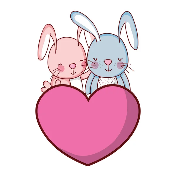 Пара Кроликов Вместе Милой Векторной Иллюстрацией Сердца — стоковый вектор