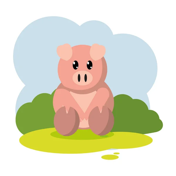 Animal Ferme Porcine Mignon Dans Paysage Illustration Vectorielle — Image vectorielle