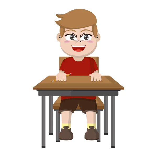 Happy Boy Sitting School Desk Vector Illustration — Stock Vector