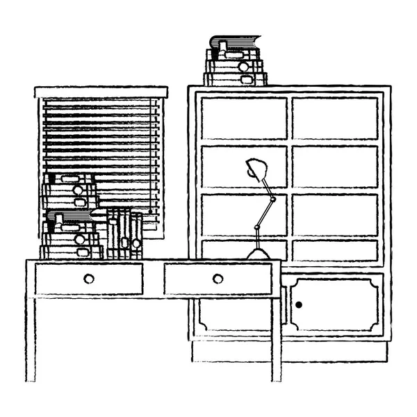 Grunge Books Desk Bookcase Object Lamp Vector Illustration — Stock Vector