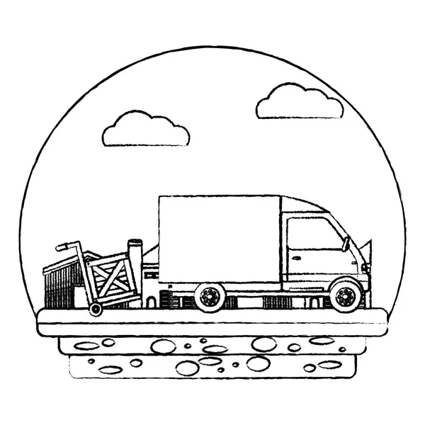 木製パッケージとトラック グランジ配信プラットフォーム トロリー ベクトル イラスト — ストックベクタ