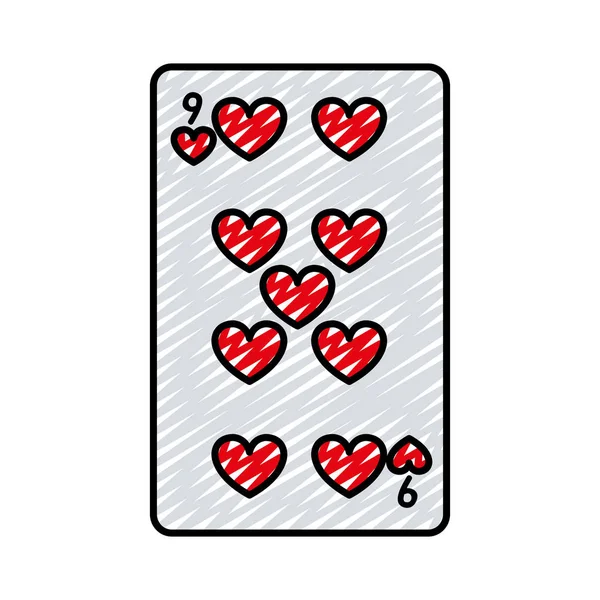 Doodle Nueve Corazones Casino Juego Cartas Vector Ilustración — Vector de stock