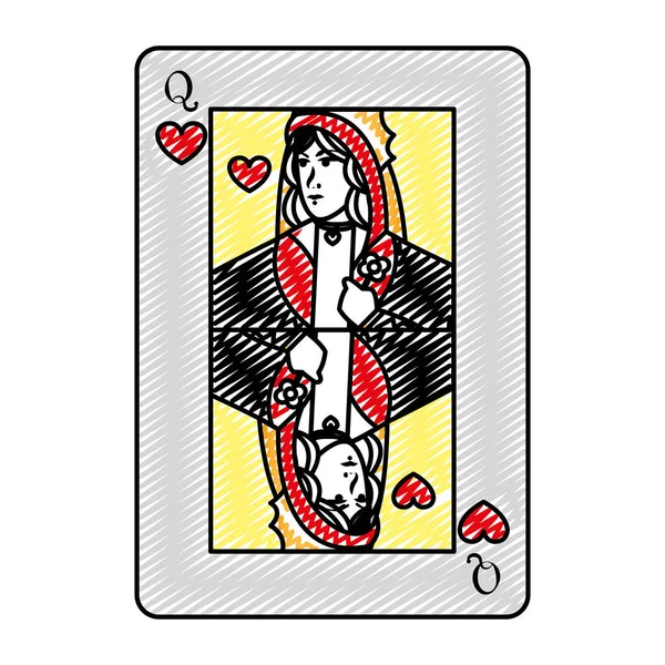 Doodle Queen Heart Card Casino Jogo Vetor Ilustração — Vetor de Stock