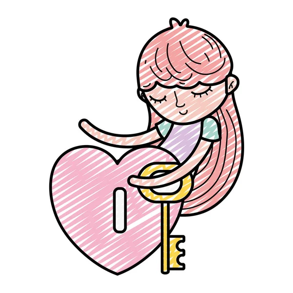 Doodle Dziecko Dziewczynka Spanie Serca Kłódkę Ilustracji Wektorowych Klucza — Wektor stockowy