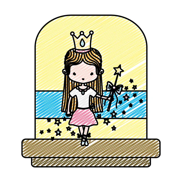 Doodle Ballerine Fille Avec Couronne Baguette Magique Vecteur Illustration — Image vectorielle