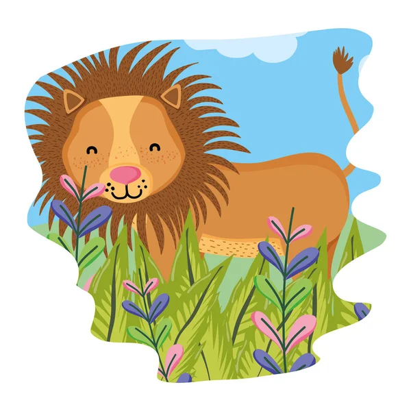 Adorable Lion Animal Sauvage Dans Forêt Illustration Vectorielle — Image vectorielle