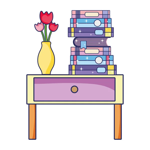 Livres Fleurs Vase Dans Illustration Vectorielle Bout Table — Image vectorielle
