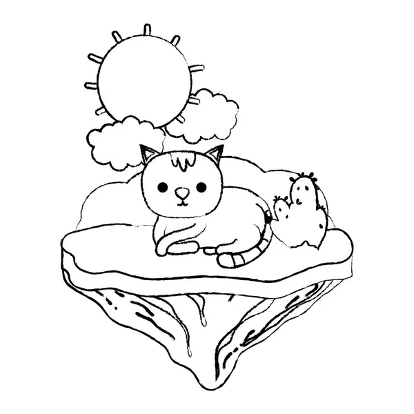 Grunge Nice Cat Animal Float Island Vector Illustration — Stock Vector