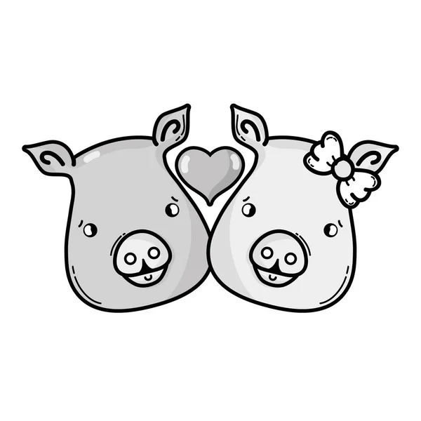 Escala Cinza Bonito Porco Casal Animal Amante Vetor Ilustração —  Vetores de Stock