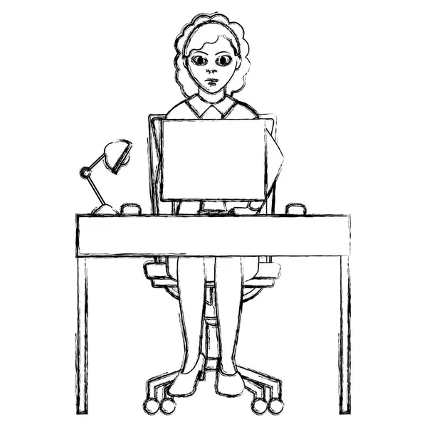 Grunge Elegante Mujer Negocios Con Escritorio Madera Ilustración Vectores Computadora — Archivo Imágenes Vectoriales