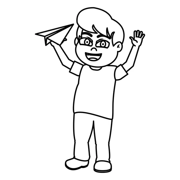Line Cute Boy Paper Plane Hand Vector Illustration — Stock Vector