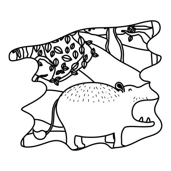 Linha Agradável Hipopótamo Animal Selvagem Ilustração Vetor Floresta — Vetor de Stock