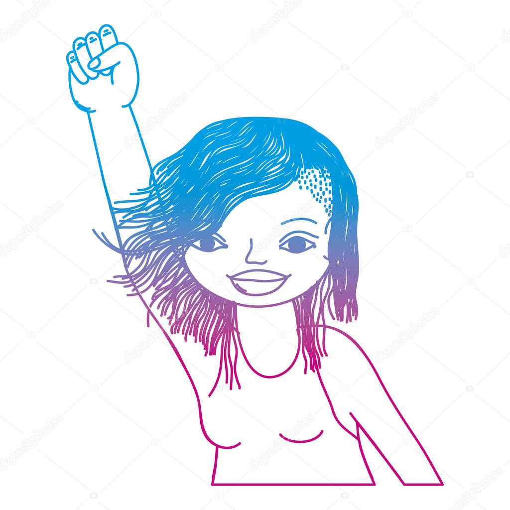 degraded line happy woman with hairstyle and hand oppose up vector illustration