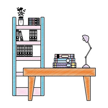 kitap boocase nesneyi ve tabloyu lamba vektör çizim ile içine doodle