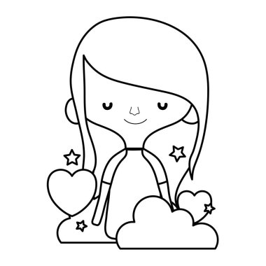 satır kadın saç modeli ve kalpleri bulutlar stil vektör çizim ile