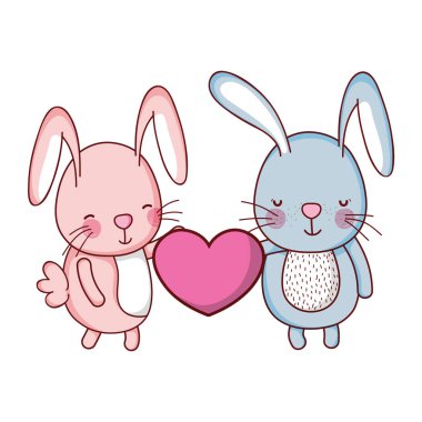 Çift tavşan ellerinde şirin kalpli illüstrasyon vektör