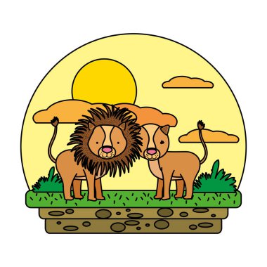 renk sevimli çift aslan vahşi hayvan manzara vektör çizim