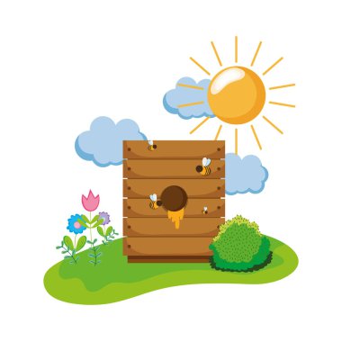 Tatlım çiftlik tahta kutu ve arılar vektör çizim içinde