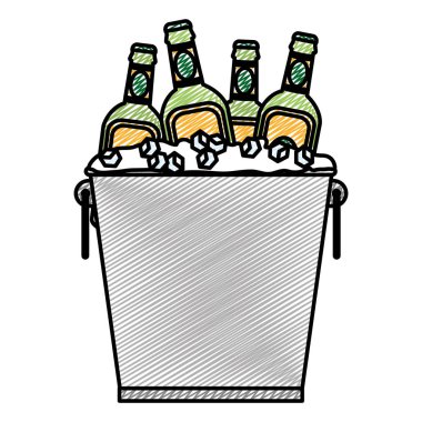Doodle içki şişeleri buz küpleri vektör çizim ile kova içinde
