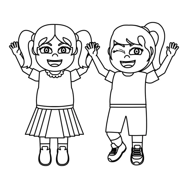Line Happy Girls Friends Togethers Uniform Vector Illustration — Stock Vector