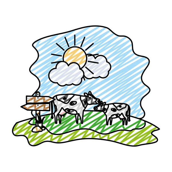 Doodle Dojná Kráva Farma Zvířat Dřevem Všimne Vektorové Ilustrace — Stockový vektor