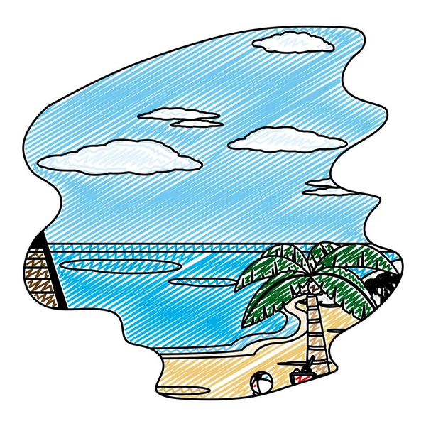 Palmier Doodle Avec Seau Sable Dans Illustration Vectorielle Paysage Île — Image vectorielle