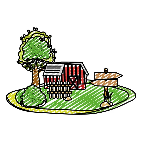 Granja Casa Doodle Con Árboles Madera Avisos Vector Ilustración — Vector de stock