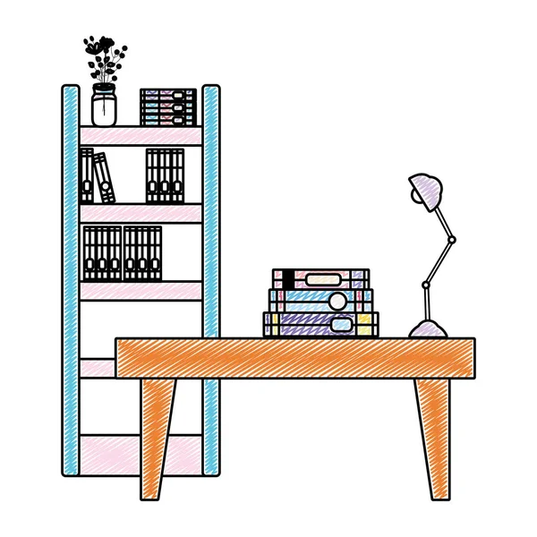 Doodle Bücher Bücherregal Objekt Und Tisch Mit Lampenvektor Illustration — Stockvektor