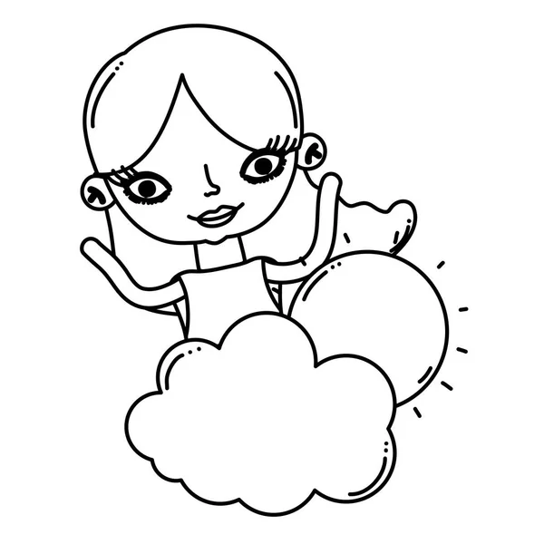 Línea Linda Mujer Con Nubes Esponjosas Vector Sol Ilustración — Vector de stock