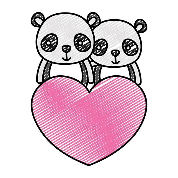 Doodle Par Panda Tillsammans Med Söt Hjärta Vektorillustration — Stock vektor