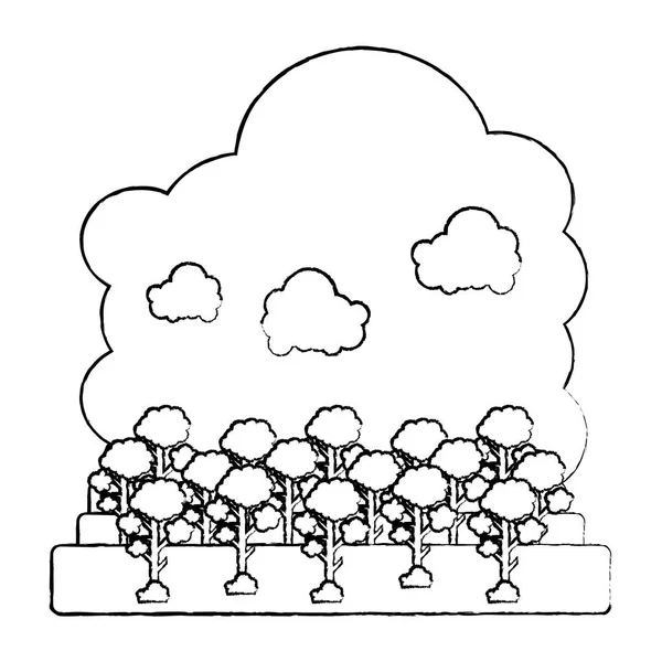 Grunge Nubes Esponjosas Árboles Naturaleza Vector Paisaje Ilustración — Vector de stock