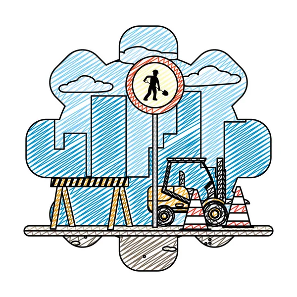 Doodle Círculo Operário Embblem Empilhadeira Com Cautela Equipamento Vetor Ilustração — Vetor de Stock