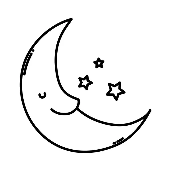 Línea Kawaii Luna Feliz Con Estrellas Cielo Vector Ilustración — Vector de stock