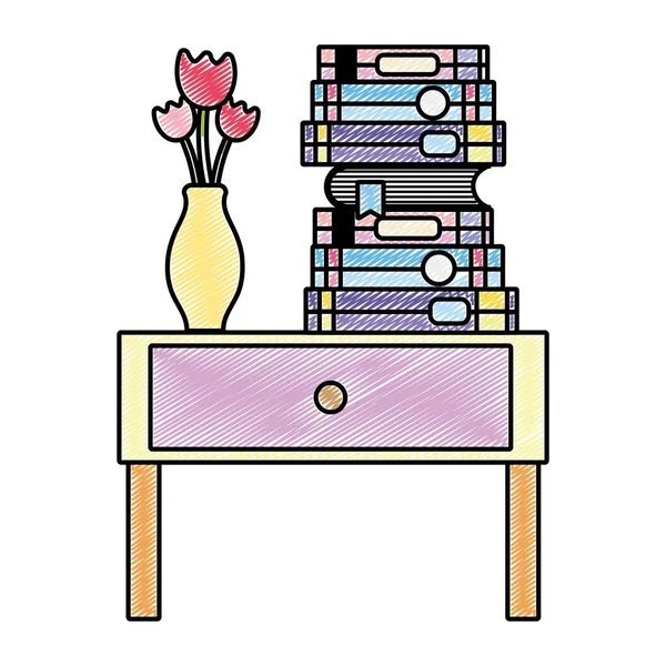 Doodle Bücher Und Blumenvase Der Tabelle Ende Vektor Illustration — Stockvektor