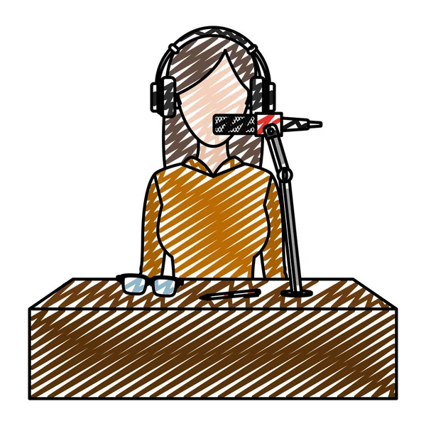 Doodle Γυναίκα Επαγγελματίας Δημοσιογράφος Ακουστικά Και Μικρόφωνο Εικονογράφηση Διάνυσμα — Διανυσματικό Αρχείο