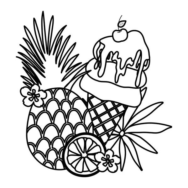 Linie Tropische Ananas Und Zitrone Mit Eis Vektor Illustration — Stockvektor