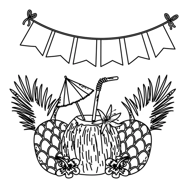 Linie Ananas Und Tropische Kokosnuss Frisches Getränk Vektor Illustration — Stockvektor