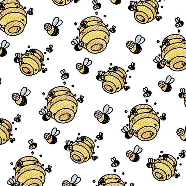 Doodle Wabe Mit Bienen Insekten Fliegen Hintergrund Vektor Illustration — Stockvektor