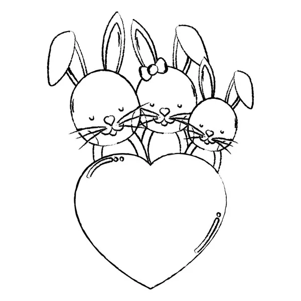 Grunge Adorable Rabbit Family Together Heart Vector Illustration — Stock Vector