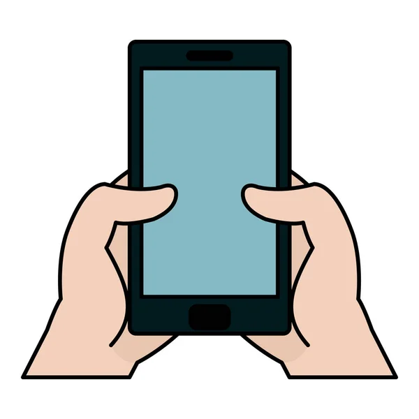 Цветные Руки Помощью Векторной Иллюстрации Коммуникационных Технологий Смартфона — стоковый вектор