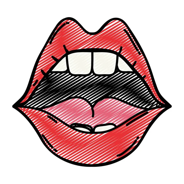 Doodle Offenen Mund Mit Zähnen Und Schönheit Lippen Vektor Illustration — Stockvektor