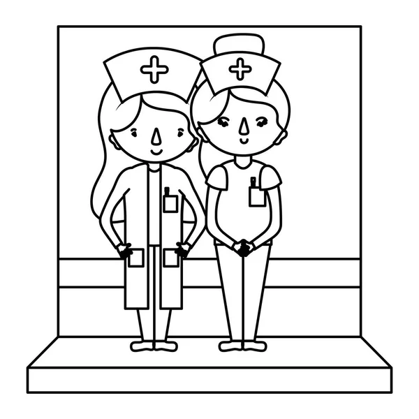 Line Happy Nurses Together Professional Uniform Vector Illustration — Stock Vector