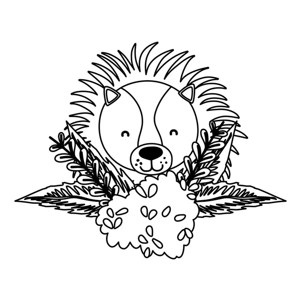 Line Lion Head Animal Bush Flowers Plants Vector Illustration — Stock Vector