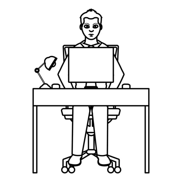 Línea Asientos Oficina Hombre Negocios Con Ilustración Escritorio Vector Computadora — Vector de stock