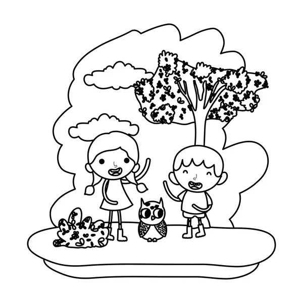 Línea Niños Jugando Con Lindo Búho Bosque Vector Ilustración — Vector de stock