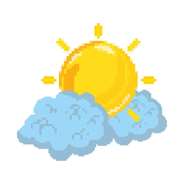 Καιρός Λαμπερό Ήλιο Pixelated Και Φουντωτό Σύννεφα Διανυσματικά Εικονογράφηση — Διανυσματικό Αρχείο