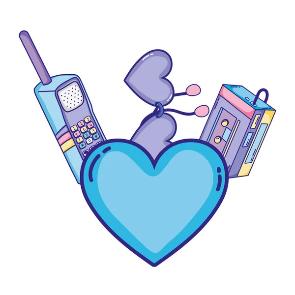 Hart Met Walkman Muziekspeler Telefoon Vectorillustratie — Stockvector